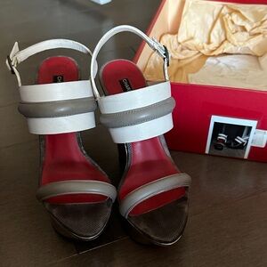 Charles Jourdan White, Taupe and Red Leather Strappy Heels
